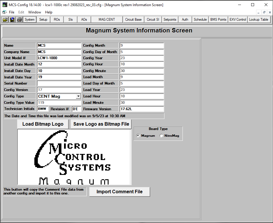 MCS-Config System screen